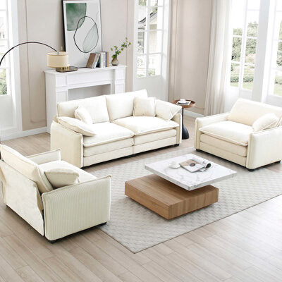 Hokku Designs Stylish Beige Corduroy For Living Room Decor Couch With Soft Fabric - Delicate Touch And Comfort