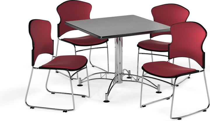 OFM Multi-Use Break Room Package, 42" Square Table with Fabric Stack Chairs, Gray Nebula Finish with Chrome-Plated Steel Base and Wine Seats (PKG-BRK-044)