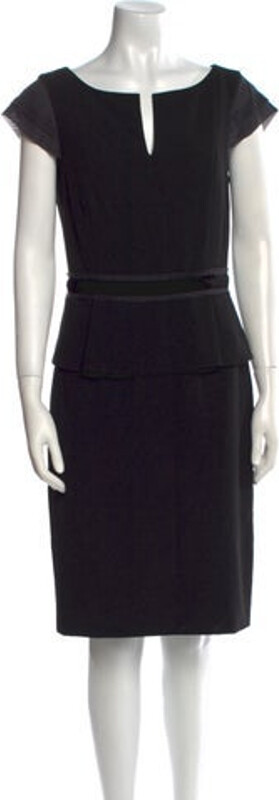 Tory Burch Sheath Dress Black Ruffle & Raw-Edge Accents Short Sleeve with Scoop Neck Concealed Zip Closure at Back Designer