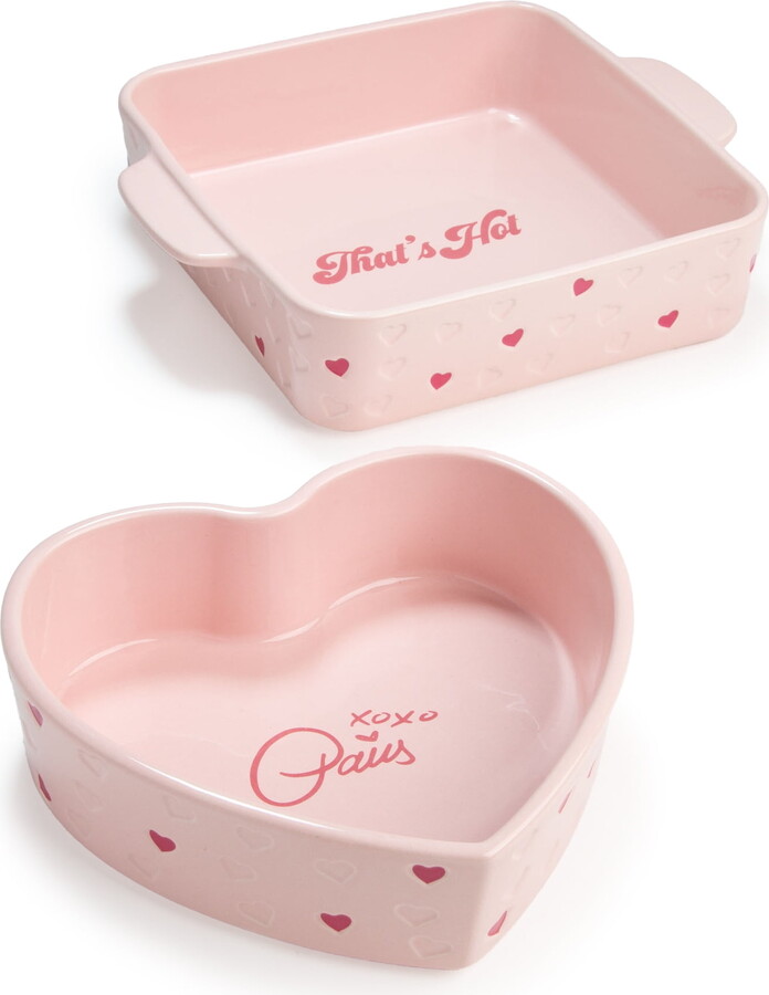 Paris Hilton 2 Piece Ceramic Baker Set, Square and Heart-Shaped, Stoneware Baking Set, Pink
