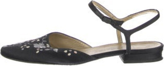 Saint Laurent Satin Slingback Flats Black & Blue Semi-Pointed Toes with Embroidered Accent Buckle Closure at Ankles