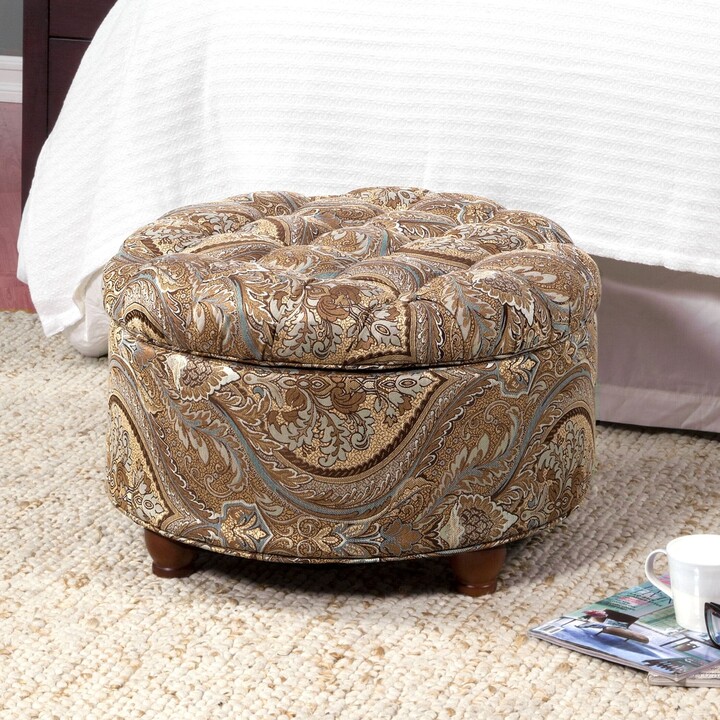 HomePop Button Tufted Round Storage Ottoman Brown and Teal Paisley -  ShopStyle