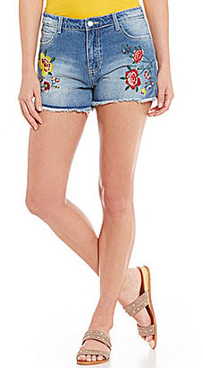 Blu Pepper Floral-Embroidered High Rise Cutoff Frayed Hem Denim Shorts