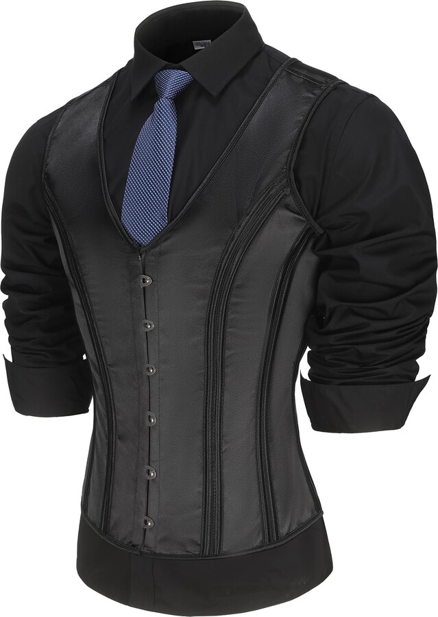 HUAMYTH Mens Corset Suit Vest Vintage Waistcoat Black Slimm Fit