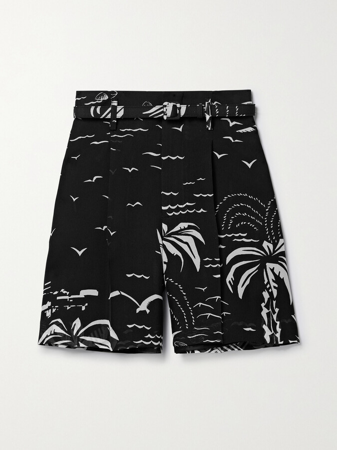 Ralph Lauren Collection Keri Belted Pleated Printed Mulberry Silk Shorts - Black