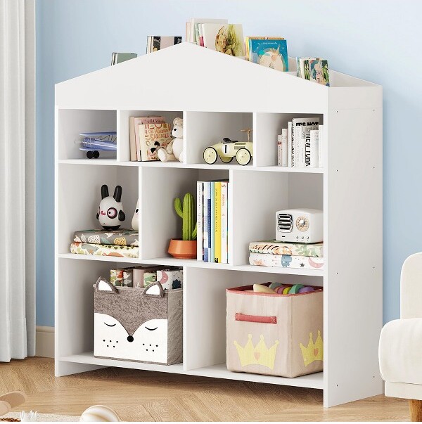 AcekoolToyStorageOrganizer9-CubbyKidsBookshelfRoof-ShapedBookcase&CabinetOrganizerShelfforPlayroomNurseryWhite