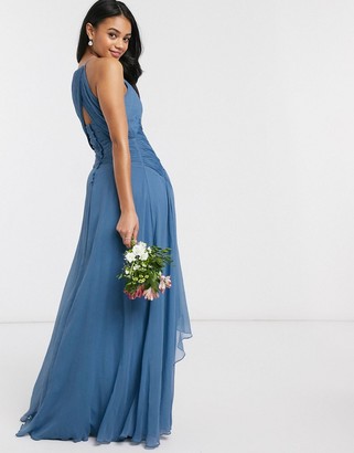 ASOS DESIGN Bridesmaid pinny maxi dress with ruched bodice and layered skirt detail in blue