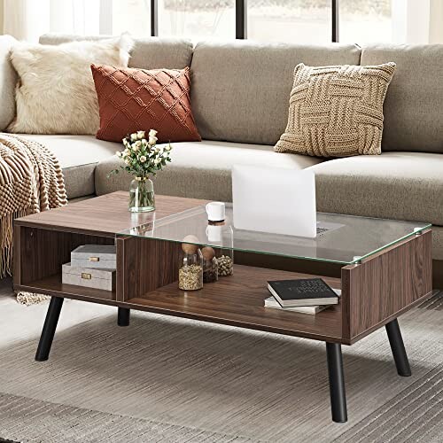 YITAHOME Glass Coffee Table with Storage Shelf 2Tier Wood Modern
