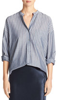 Thumbnail for your product : Vince Wide-Stripe Mandarin-Collar Pullover Shirt, Blue