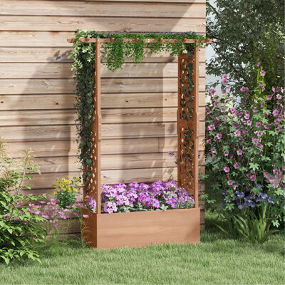 Charlton Home Raised Garden Bed With Arch Trellis Spacious Outdoor Wood Planter Drainage Function & Fabric Filter Brown 70.55\
