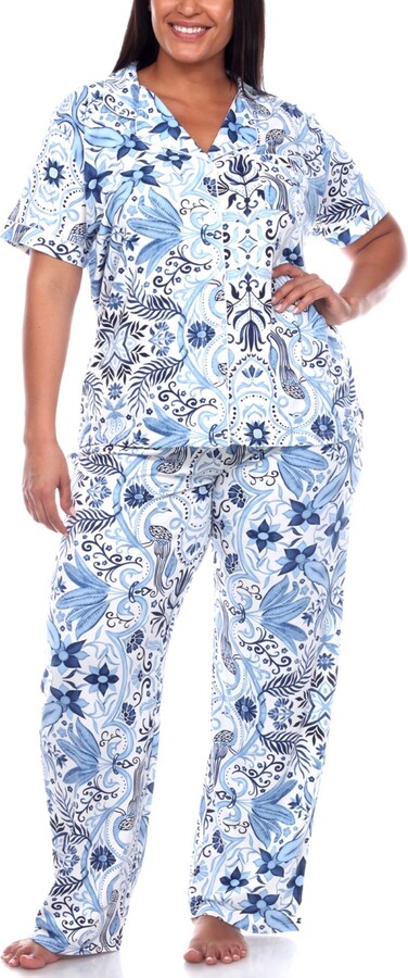 White Mark Plus Size Short Sleeve Pants Tropical Pajama Set, 2