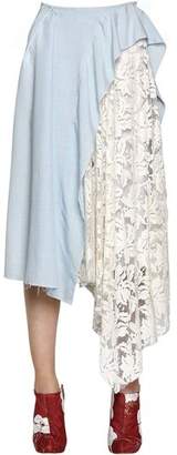 Linen Midi Skirt W/ Lace & Printed Panel