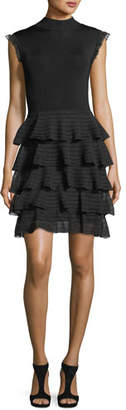 Alice + Olivia Janice Tiered Ruffled Fit-and-Flare Knit Dress