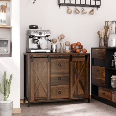 Rustic Buffet Cabinet By - Industrial In Brown With Sliding Doors, 3 Drawers, Adjustable Shelves For Home Interior Brown, Three Drawers And
