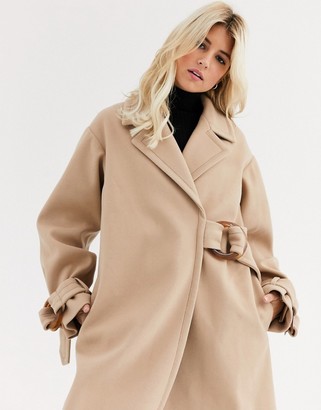 ASOS DESIGN contrast stitch coat with buckle detail in camel