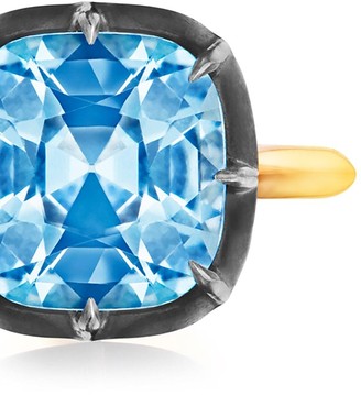 Fred Leighton 18kt yellow gold and oxidised sterling silver Signed old cushion cut blue topaz ring
