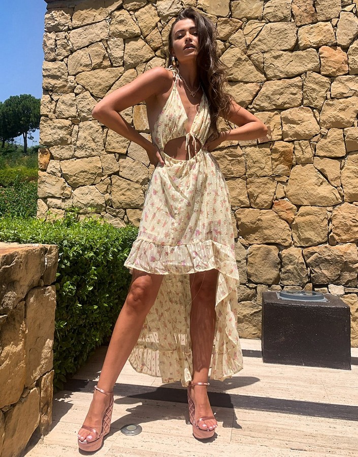 ASOS DESIGN high low hem tie front beach dress in yellow ditsy