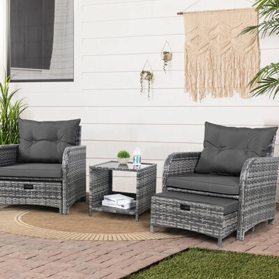 Latitude Run Arusha Antilles 2-Person Outdoor All-Weather Wicker Conversation Set with Ottomans and Coffee Table