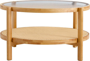 Modern Simple Circular Double-Layer Solid Wood Tea Table with Rattan Woven Design, Ideal for Living Room, Dining Room, and Bedroom