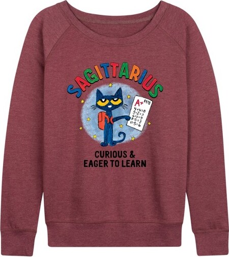 Pete The Cat Women'sPetetheCatSagittariusLightweightFrenchTerryWideNeckLongSleeveGraphicShirt-HeatherMaroon-2X-Large