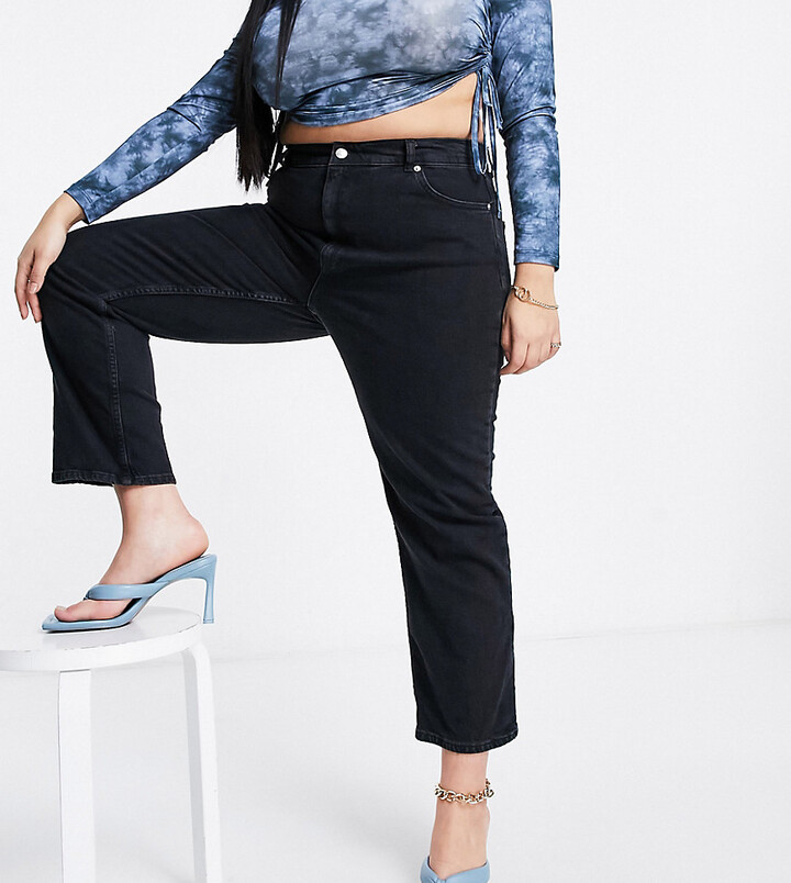 ASOS Curve ASOS DESIGN Curve high rise 'Stretch' straight leg jeans in  washed black - ShopStyle