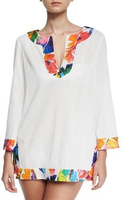 Milly Crinkle Cotton Coverup Tunic w/Banana Leaf Trim