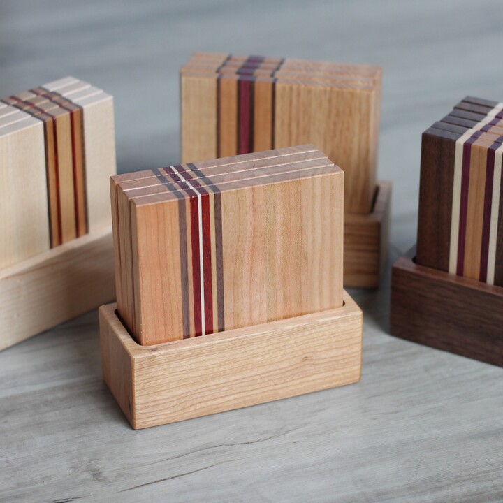 striped Wood Coasters With Holder | Handmade in Iowa