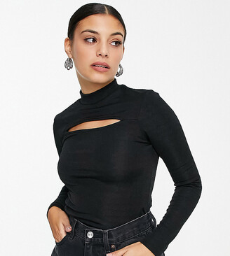 Topshop Petite satin cut out long sleeve top in black - ShopStyle