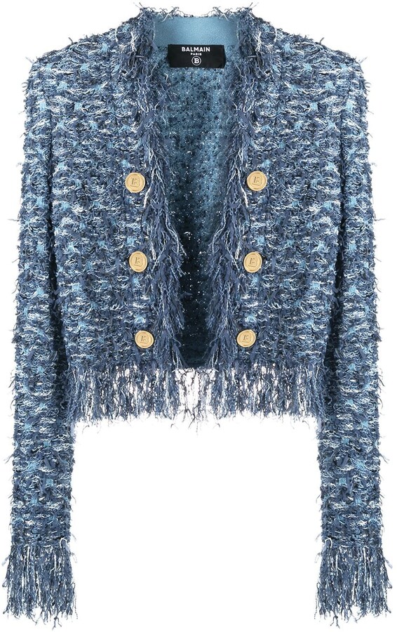 fringe tweed open jacket