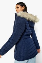 Thumbnail for your product : boohoo Faux Fur Trim Hooded Belted Puffer Coat