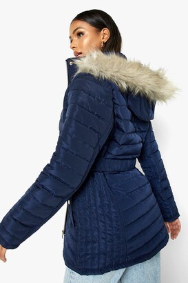 boohoo Faux Fur Trim Hooded Belted Puffer Coat