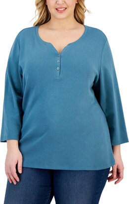 Karen Scott Plus Size 3/4-Sleeve Henley Top, Created for Macy's