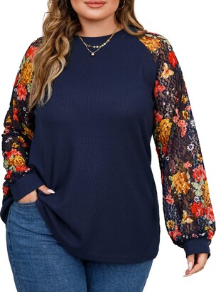  Plus Size Tops For Women Lace Sleeve Blouse Waffle