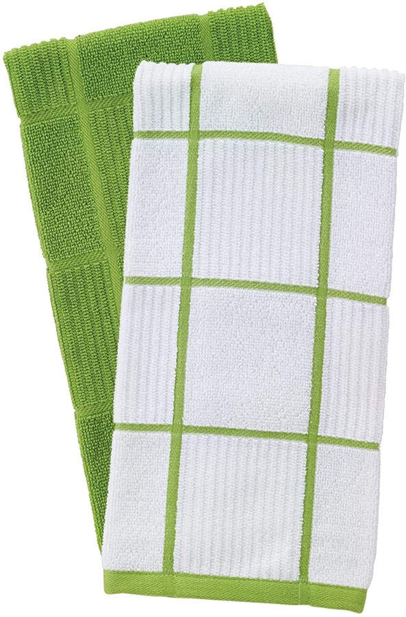 T-Fal Textiles 60937 2-Pack Solid & Check Parquet Design 100-Percent Cotton Kitchen Dish Towel, Green, Solid/Check-2 Pack