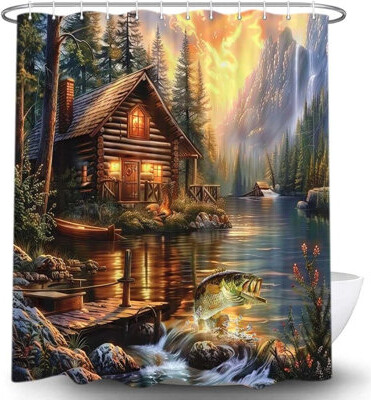 East Urban Home Rustic Cabin Shower Curtain With Bass Fish Lake Design - Waterproof Polyester Fabric For Bathroom Decor - Includes 12 Hooks - Farmhouse Lodge Hunting