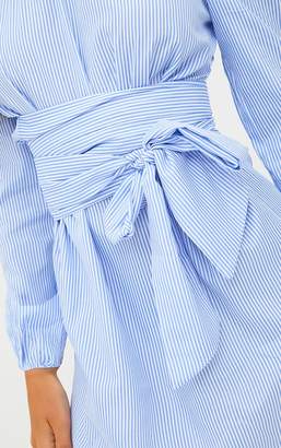 PrettyLittleThing Blue Pinstripe Bardot Tie Waist Shift Dress