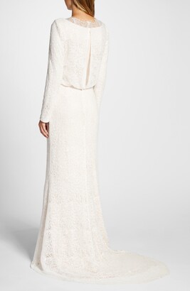 Tadashi Shoji Drape Neck Long Sleeve Lace Wedding Dress