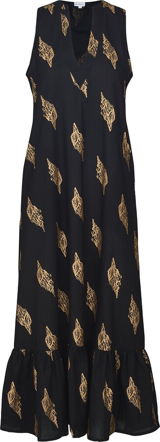 AtLAST Black / Gold Cotton Lombock Midi Dress In Midnight & Gold Shells