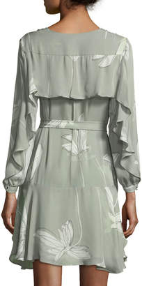 Long-Sleeve V-Neck Printed Silk Flounce Dress