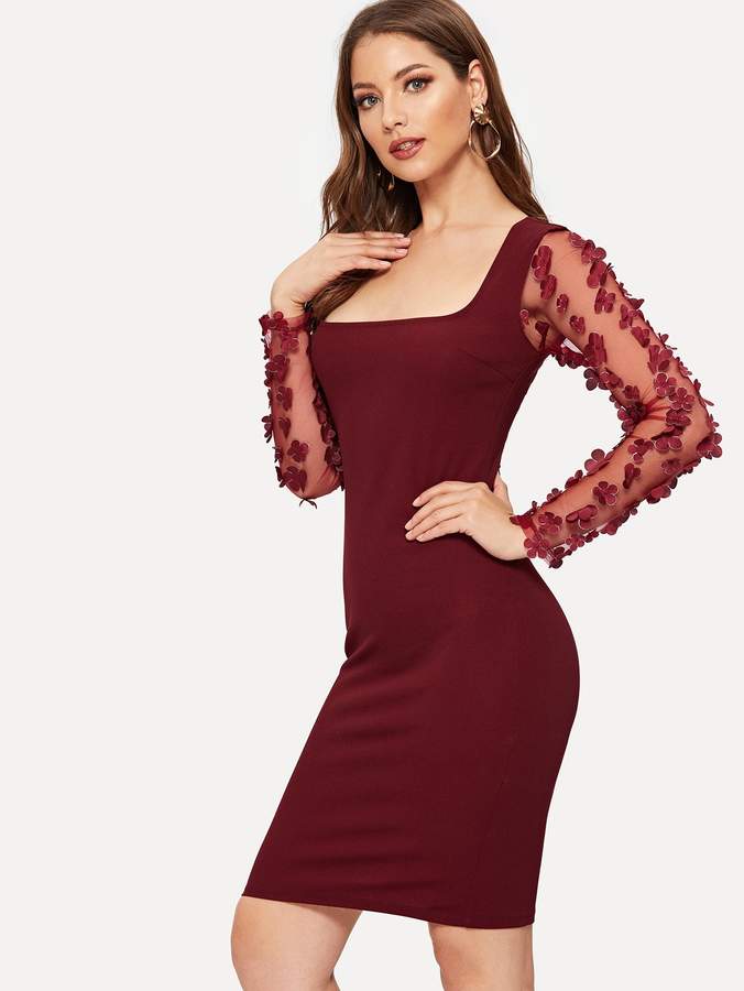 flower applique mesh panel flare midi dress