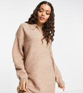 Thumbnail for your product : ASOS Petite ASOS DESIGN Petite knitted mini dress with open collar in camel