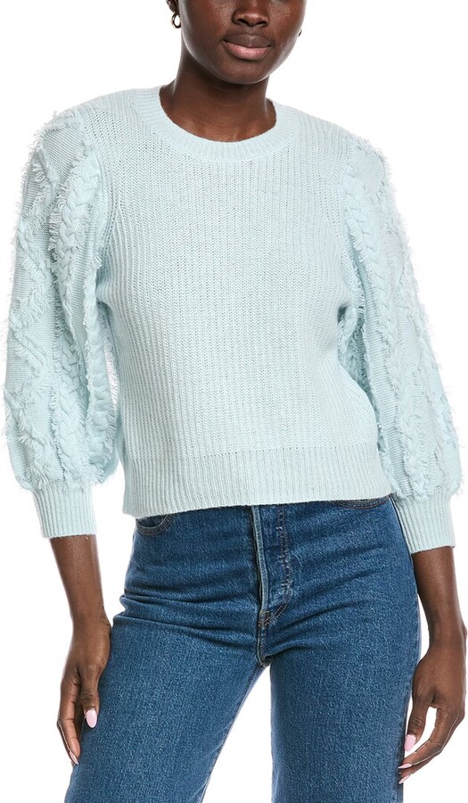 Fringed Cable Puff Sleeve Cashmere Sweater