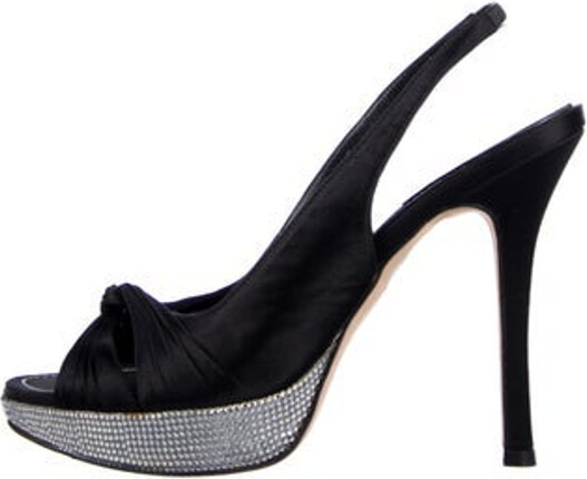 Rene Caovilla Satin Slingback Sandals Black Leather Trim Ruffle Cutout & Crystal Accents Includes Dust Bag