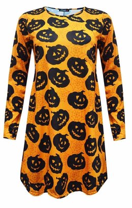 Janisramone Womens Ladies New Pumpkin Skulls Bats Print Long Sleeve Skater Flared Halloween Swing Dress