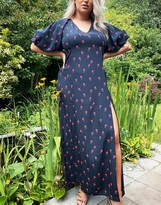 Thumbnail for your product : Never Fully Dressed Plus Valentina puff sleeve maxi dress with high thigh split in black floral print