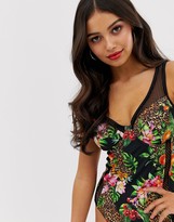 Thumbnail for your product : ASOS DESIGN recycled fuller bust exclusive fishnet insert underwired swimsuit in exotic tropic animal print dd-g