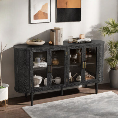 George Oliver Farmhouse Sideboard With Glass Doors Adjustable Shelves Curved Oval Tabletop And Metal Handles