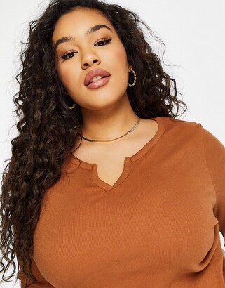 ASOS Curve DESIGN Curve long sleeve slim fit top with notch neck in rust
