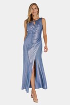 Thumbnail for your product : R & M Richards Long Crinkle Foil Knit Mock Wrap Bodice With Cut Out Detail And Draped Front Skirt