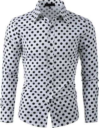 Uxcell Men's Shirts Polka Dots Long Sleeve Slim Fit Printed Dress Button Down Shirt Black XL